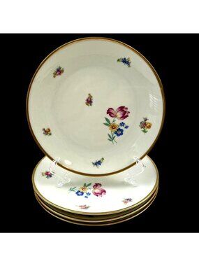 Vintage Hackefors Porslin Sweden 4 Dessert Bread Plates 32 Gold Trimmed Floral